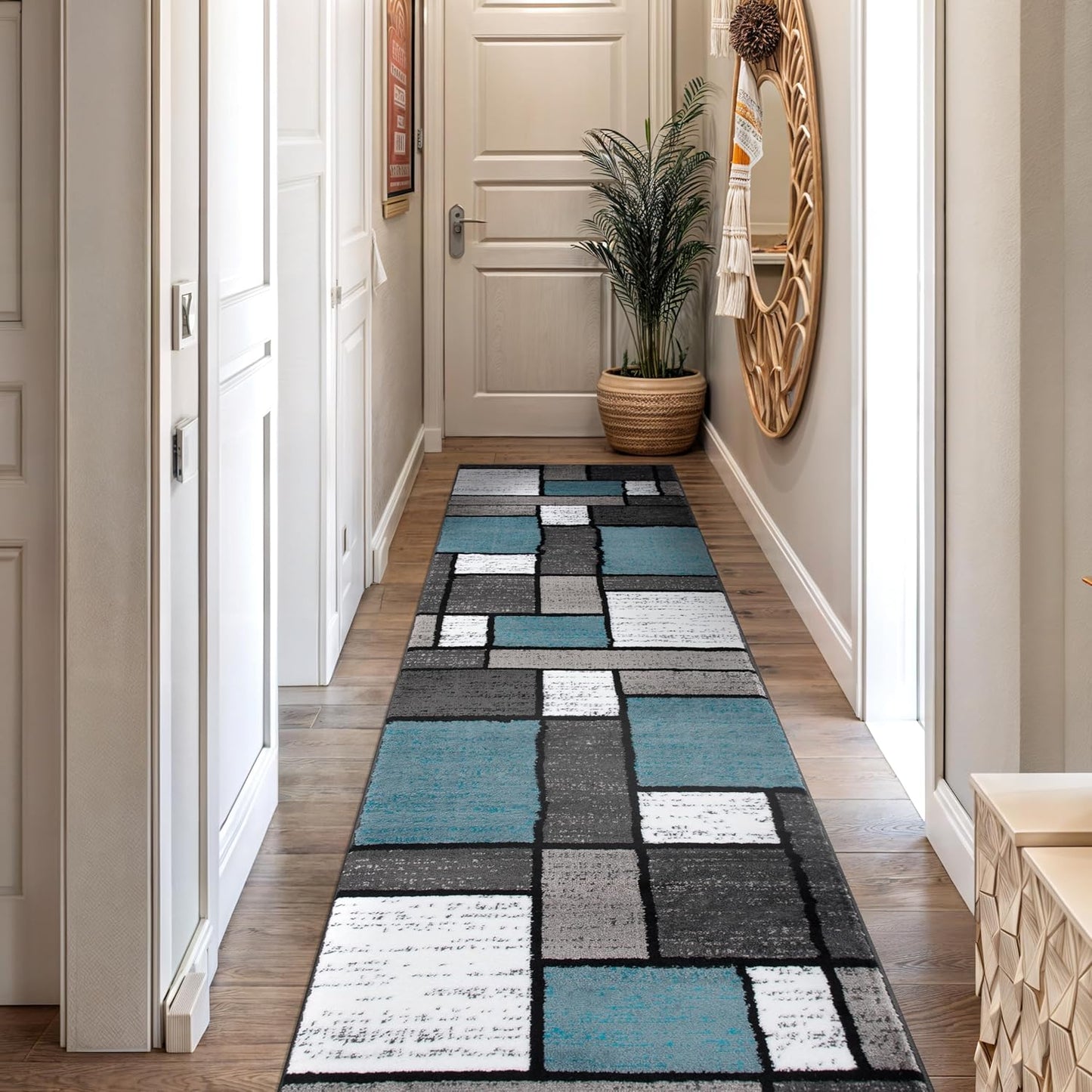 Rugshop Contemporary Modern Boxes for Home Office,Living Room,Bedroom,Kitchen Non Shedding Runner Rug 2'7" x 12' Blue