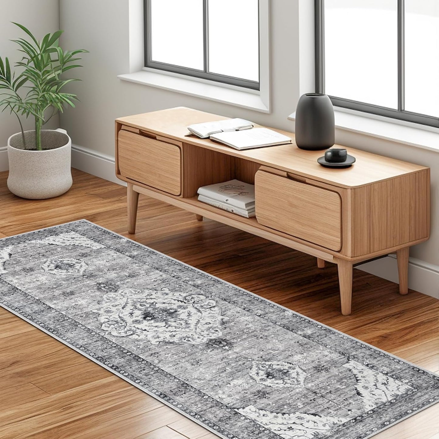 Runner Rugs for Hallway 2x6 Ft Non-Slip Fall Runner Rugs with Rubber Backing Washable Rug Runner for Kitchen Bedroom Vintage Distressed Carpet (Border Grey)