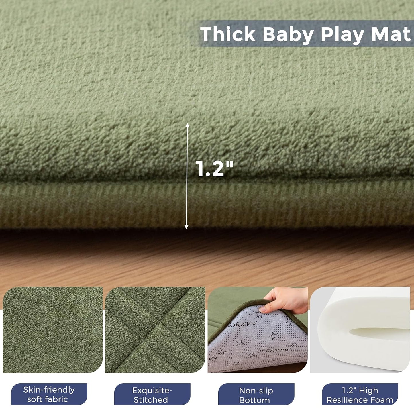 MAXYOYO 1.2" Thick Baby Play Mat for Floor, 78"x 78" Foldable Playpen Mat,Tummy Time Foam Mats Ultra Soft Support, Padded Carpet with Non-Slip Backing for Infant,Kids and Toddler Crawling, Green