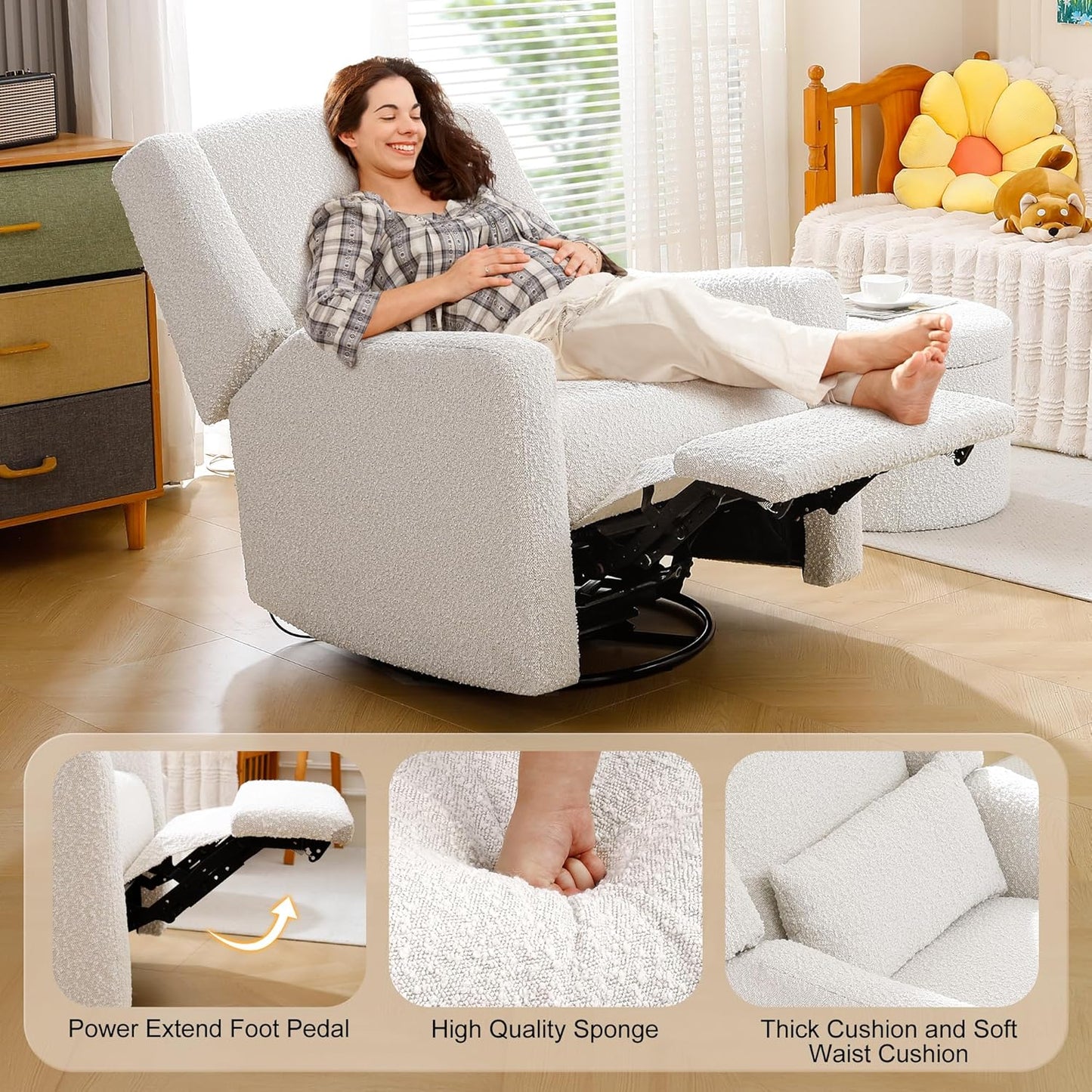 Power Recliner Chair Swivel Gilder Rocking Chairs Skin-Friendly Power Recliner Nursery Chair for Adults with Waist Pillow, USB Charging, Ottoman (Beige, Only Recliner Chair)