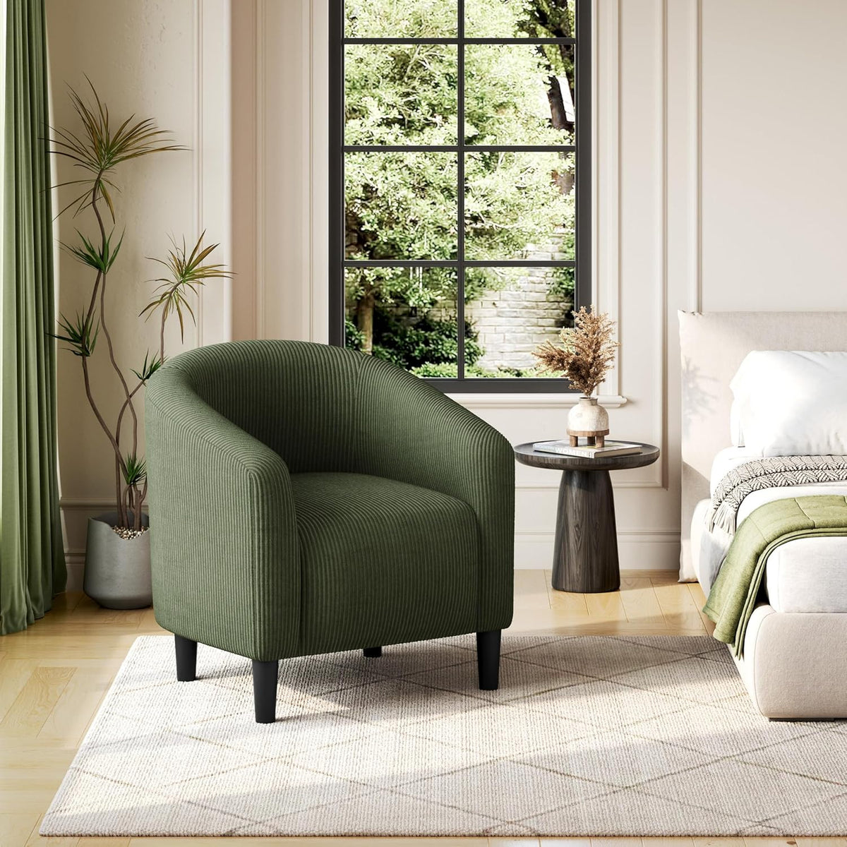 Yaheetech Accent Barrel Chair, Corduroy Fabric Club Chair, Furry Sherpa Elegant Armchair with Cozy Soft Padded, Suitable for Living Room Bedroom Reception Room Office, Dark Green