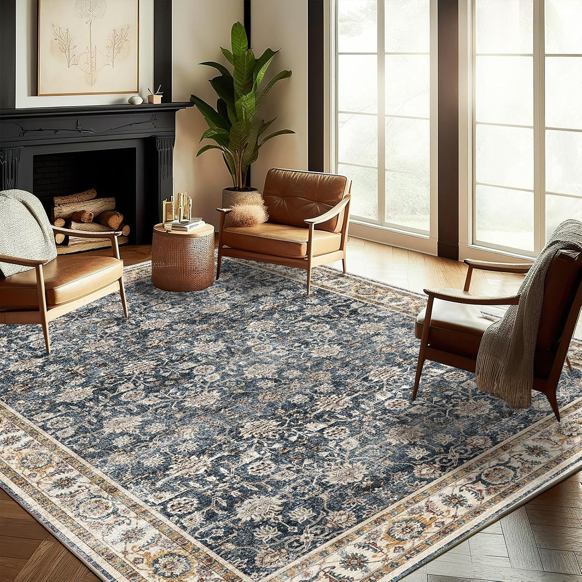 Washable Area Rug 9'x12' Retro Boho Design Non-Shedding Easy Care Ideal for High Traffic Areas in Living Room Bedroom Office Coffee Table Kitchen Large Carpet