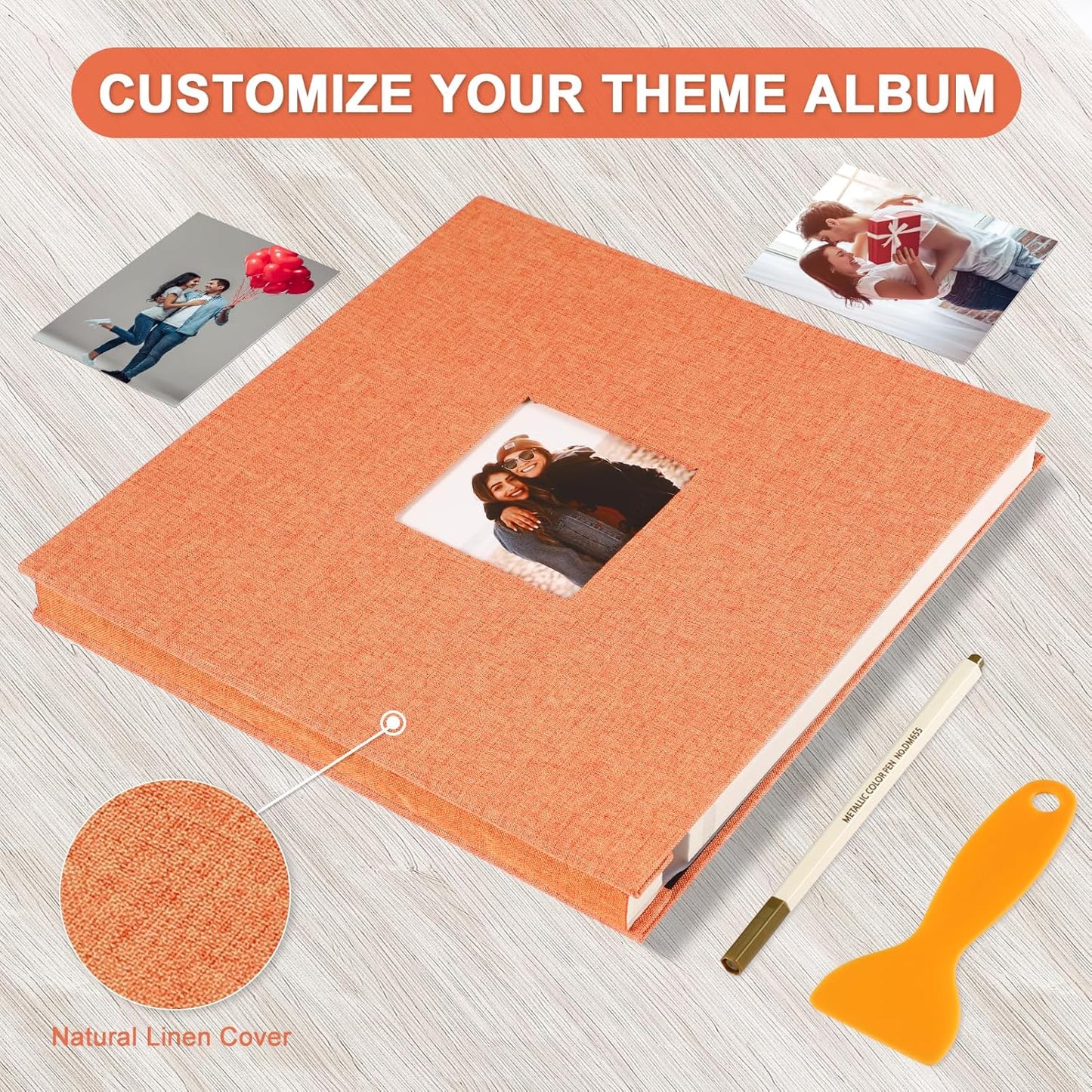 Photo Album Self Adhesive Pages Scrapbook Magnetic Photo Albums for 4x6 5x7 8x10 Pictures Sticky Pages Books for Baby Family Wedding 13.2x12.8 Orange 40 Pages