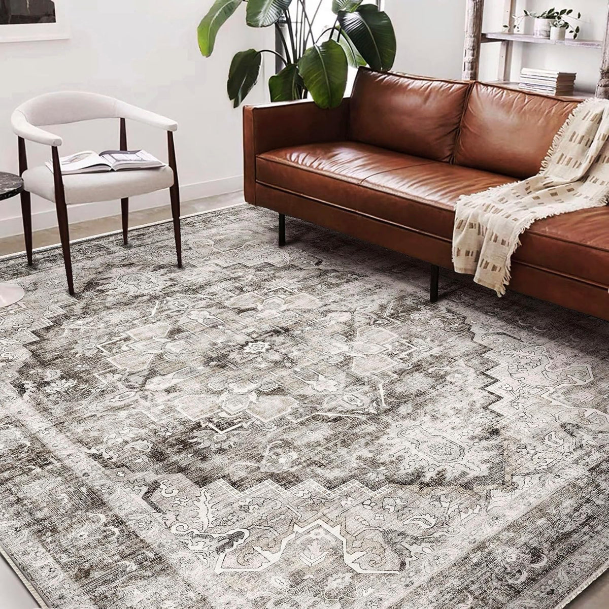 Washable Area Rug 8'x10' Deep Khaki Retro Boho Design Non-Shedding Non-Slip Easy Care Ideal for High Traffic Areas in Living Room Bedroom Office Coffee Table Kitchen Large Carpet