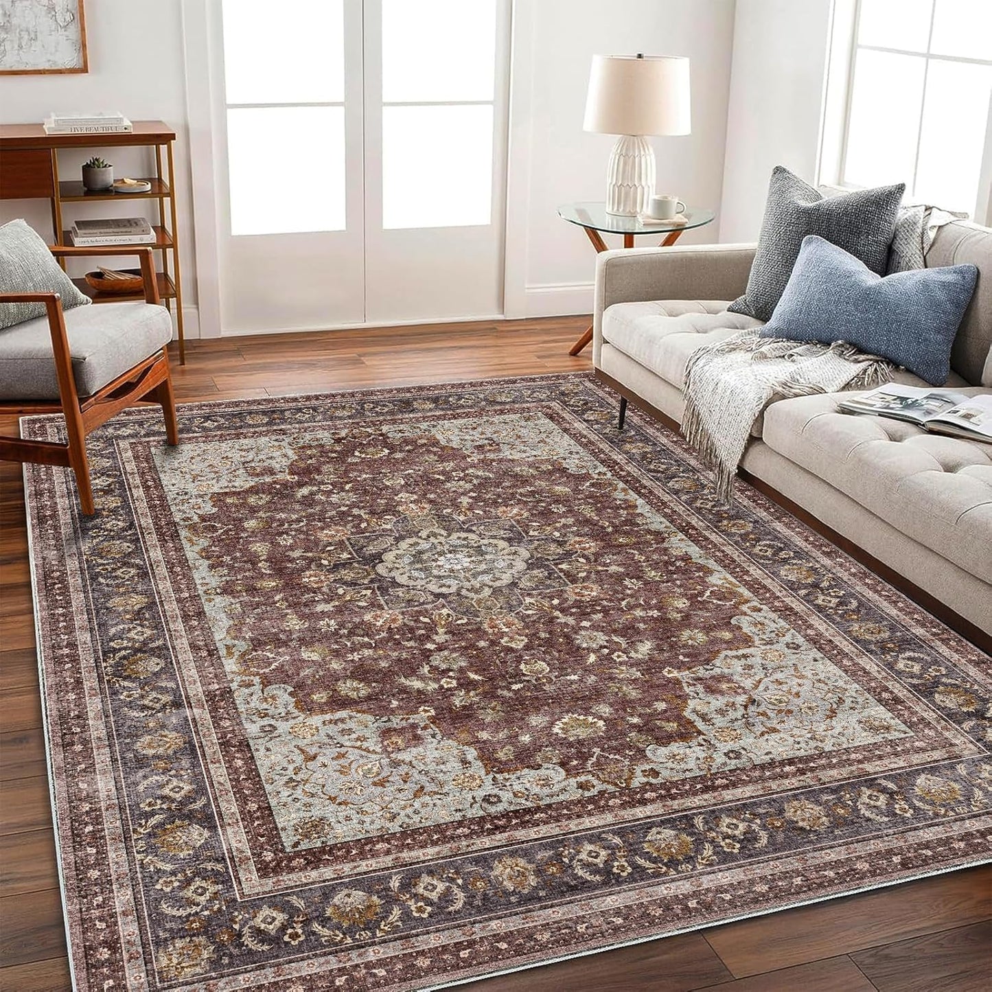 Area Rug 5'x7' Washable Rug Traditional Floor Cover Thin Retro Kitchen Indoor Distressed Non Slip Carpet for Living Room Bedroom Dining Room