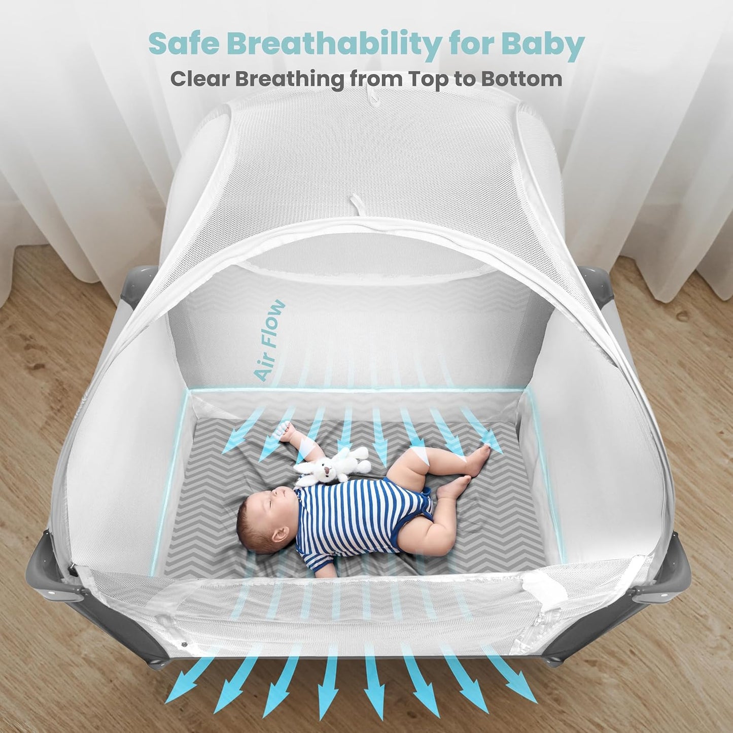Premium Pack n Play Tent, Mini Crib Tent to Keep Baby from Climbing Out, Auto Pop Up Pack and Play Tent with Auto-Lock Zippers, Thick Velvety Breathable Mesh (Gray Chevron)