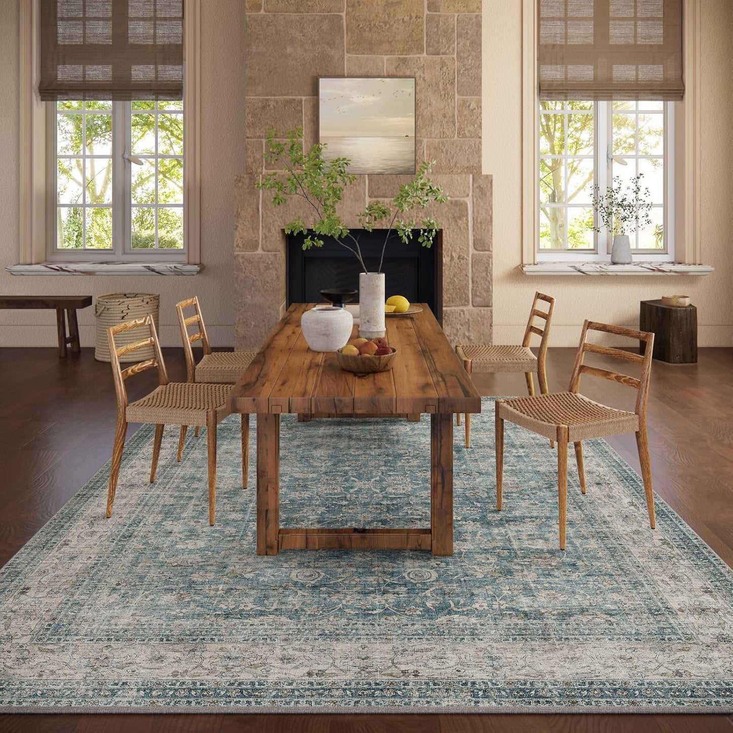 Machine Washable Living Room Rug: 6x9 Area Rugs for Bedroom Vintage Stain Resistant Non Slip Low Pile Lightweight Boho Carpet for Kitchen Dining Room Farmhouse Kids Room Nursery