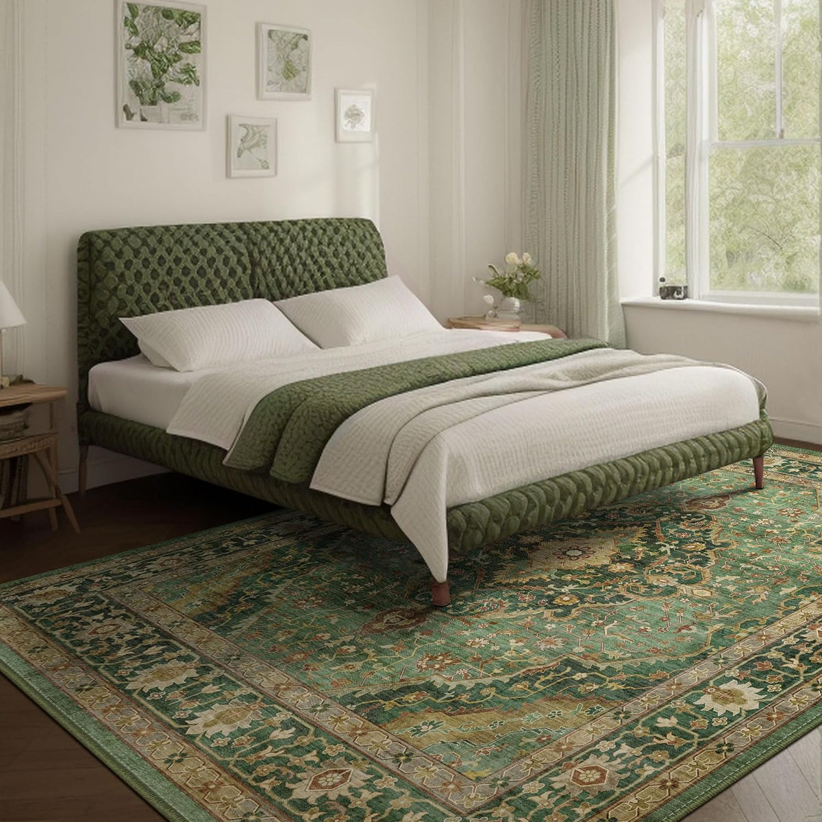 Deerly Green Rug 8x10 Area Rug for Living Room Bedroom Washable Rugs Large Boho 8x10 Rug for Dining Room Carpet Non-Slip Distressed Carpet Rugs Print Floor Rug(Border Green)