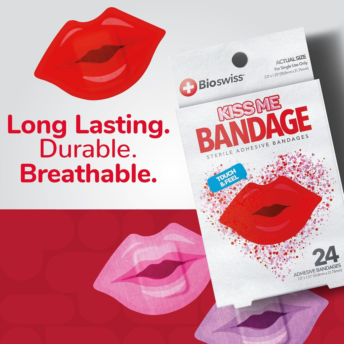 BioSwiss Bandages, Lips Shaped Self Adhesive Bandage, Latex Free Sterile Wound Care, Fun First Aid Kit Supplies for Kids, 24 Count