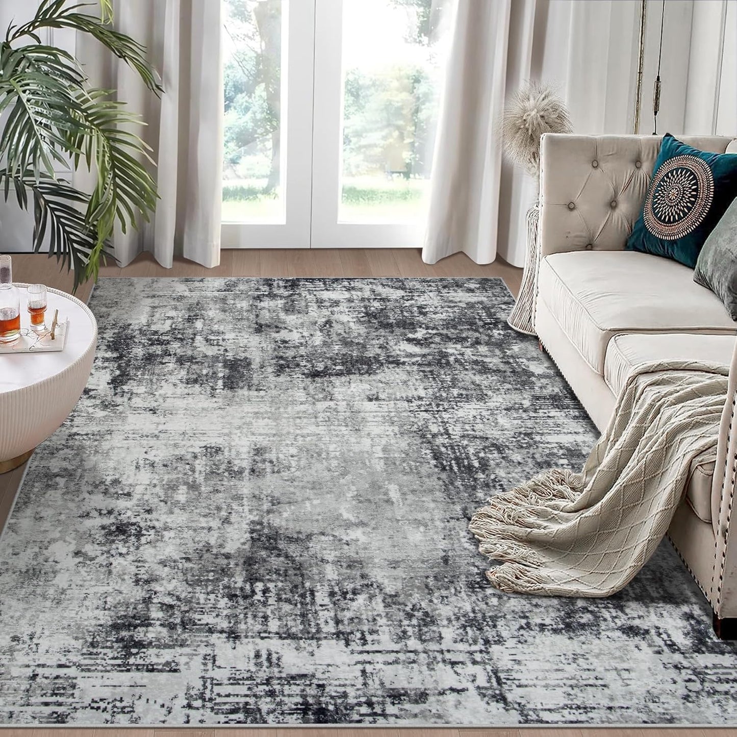 6x9 Area Rugs for Living Room Rug Washable: Modern Rug for Dining Room Bedroom Carpet Non Slip Low Pile 6 by 9 Indoor Abstract Nursery Home Office Black Grey