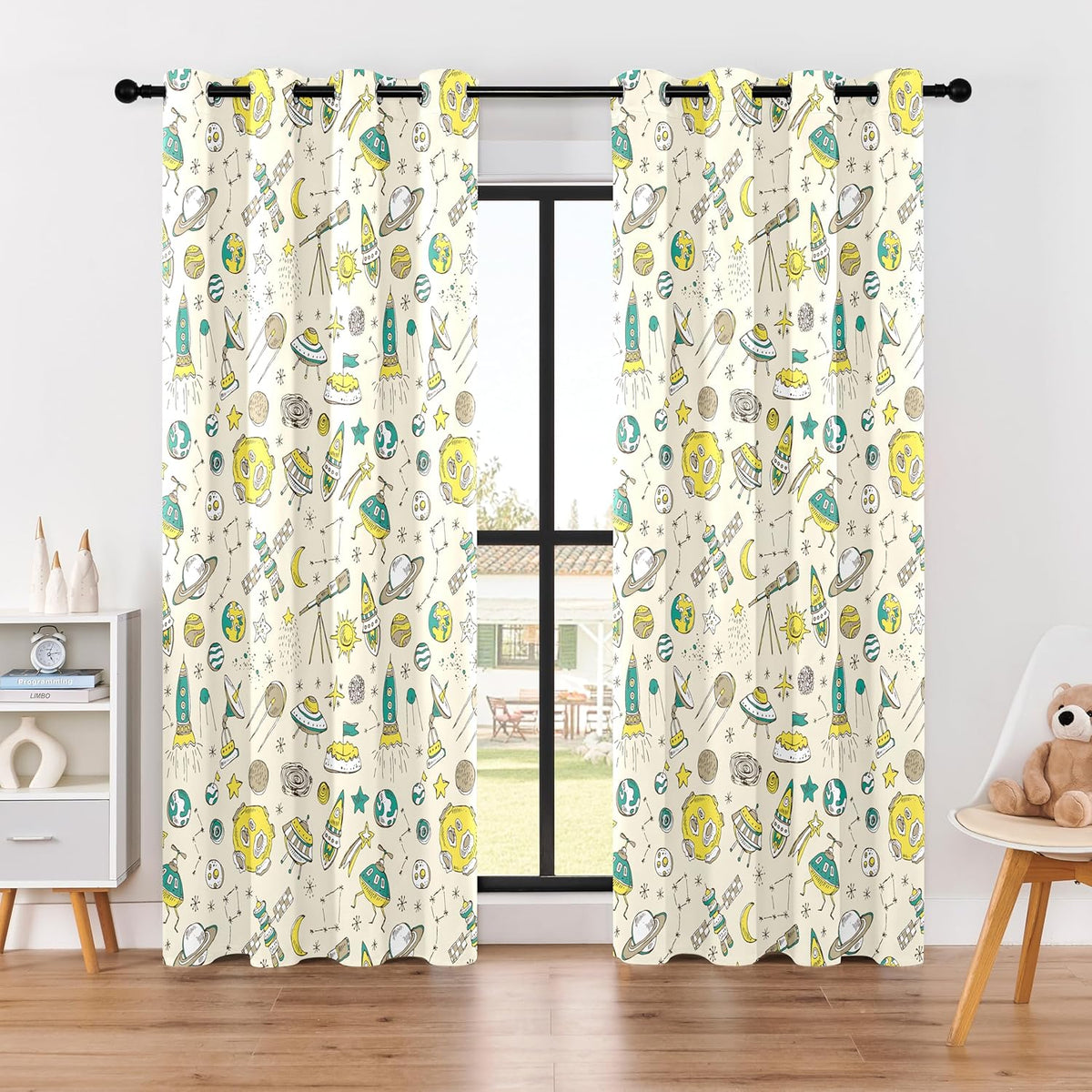 Kids Space UFO and Rocket Blackout Curtains - 100% Blackout, Thermal Insulated, Noise Reducing, Perfect for Kids Room and Nursery, 2 Panels (Space Explorer Sketchbook, W52×L84)