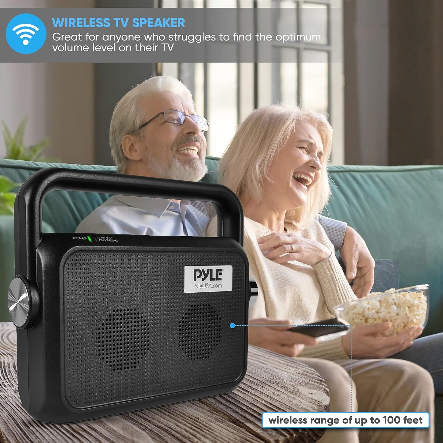 Pyle Wireless Portable Speaker Soundbox - 2.4ghz Full Range Stereo Sound Digital TV MP3 iPod Analog Cable w/ Headset Jack Voice Enhancing Audio Hearing Assistance - PTVSP18BK