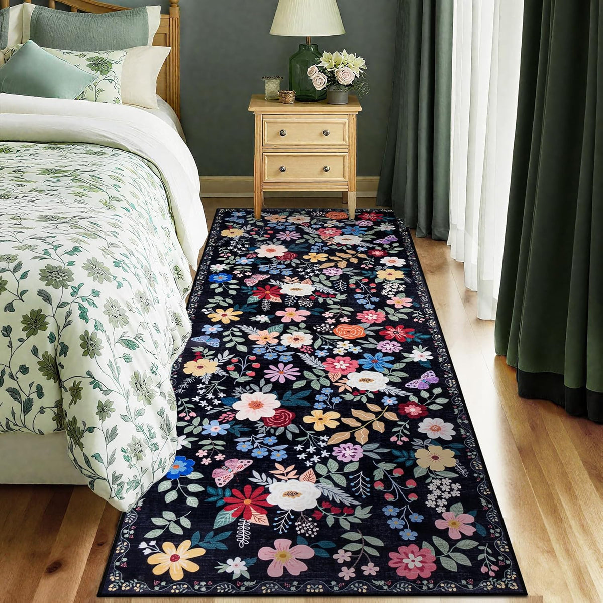 Runner Rug for Entryway: 2x10 Kitchen Rugs Non Slip Washable Ultra-Thin Soft Floral Carpet Indoor Floor Stain Resistant Carpets for Hallway Bedroom Kitchen Laundry Bathroom Dorm Black