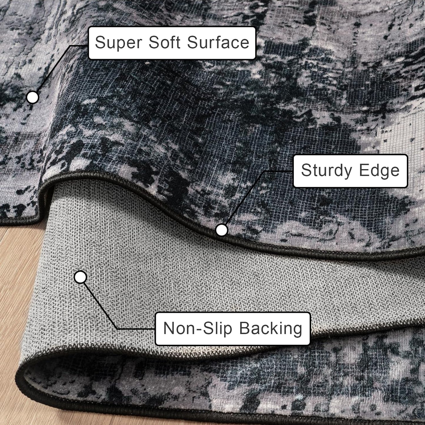 Area Rug Living Room Rug, 4x6 Modern Abstract Washable Rug Black Non Slip Foldable Faux Wool Vintage Carpet, Fluffy Non-Shedding Rugs for Living Room, Bedroom, Dining Room, Kids Playroom