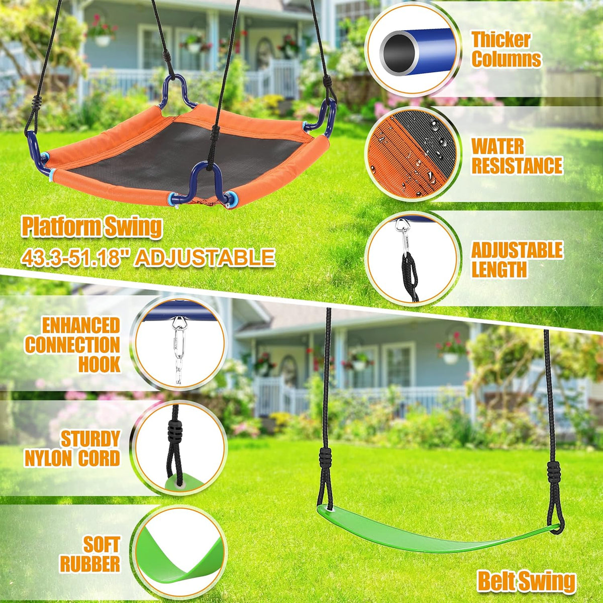 Swing Set for Backyard - 6 in 1 Multifunction Kids Swing Set Heavy Duty 550 lbs Outdoor Extra Large Metal Swing Frame with 3 Adjustable Swings Climbing Net Ladder Basketball Hoop