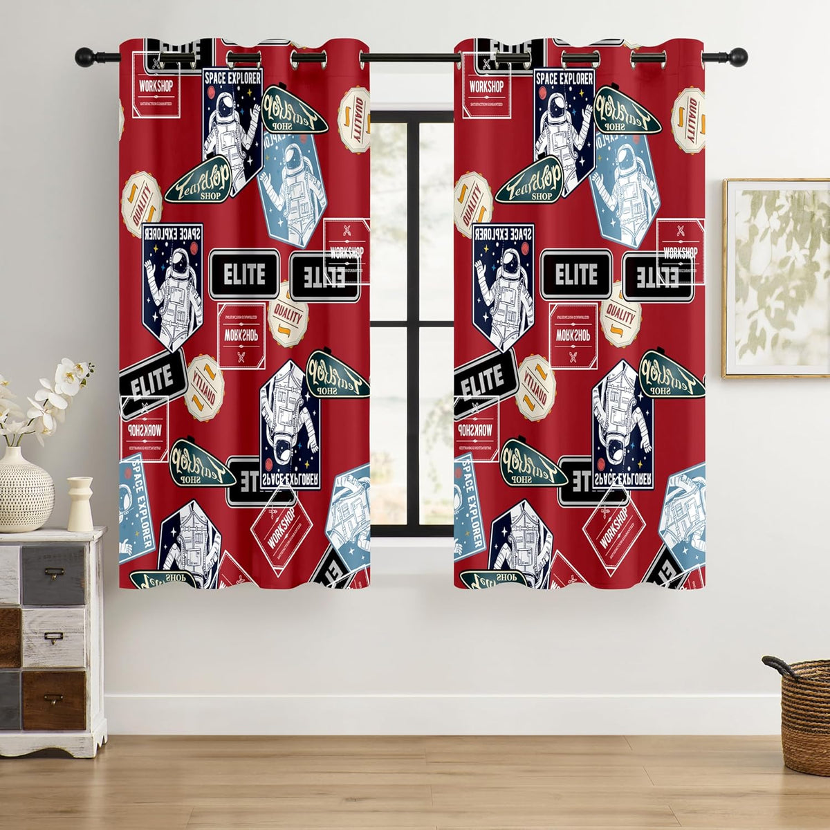 Kids Space Astronaut Blackout Curtains - 100% Blackout, Thermal Insulated, Noise Reducing, Perfect for Kids Room and Nersurys, 2 Panels (Space Badge Crew, W52×L63)