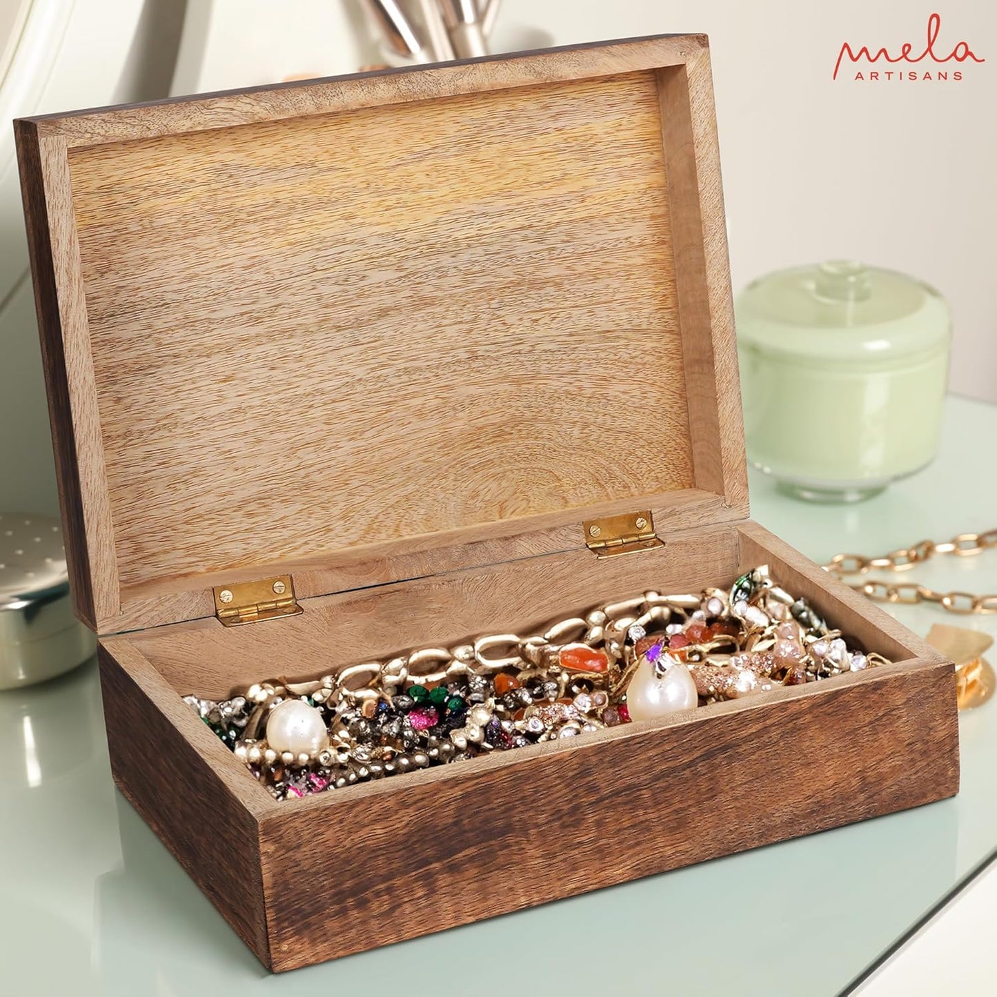 Mela Artisans Carved Scallop Mango Wood Box with Lid - Medium Burnt Extra Large Box - Handmade Decorative Box with Lid for Use As Memory BoxKeepsake BoxPhoto Storage Boxand more - 10.5” x 7.5” x 4”