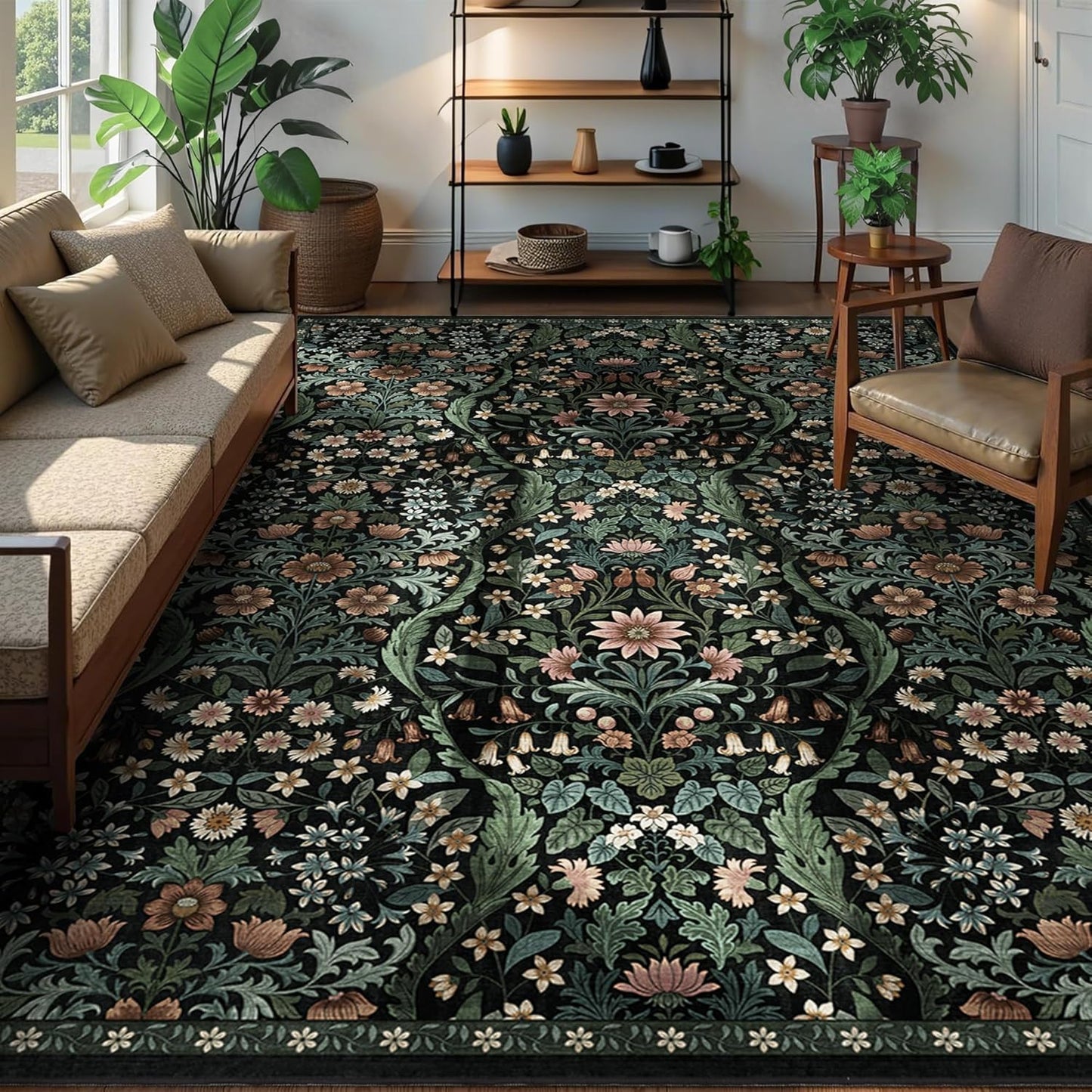 8x10 Washable Area Rug for Living Room, Large Vintage Black Floral Rugs, Soft Non-Slip Stain Resistant Boho Lightweight Carpet for Bedroom Dining Room Nursery Home Office