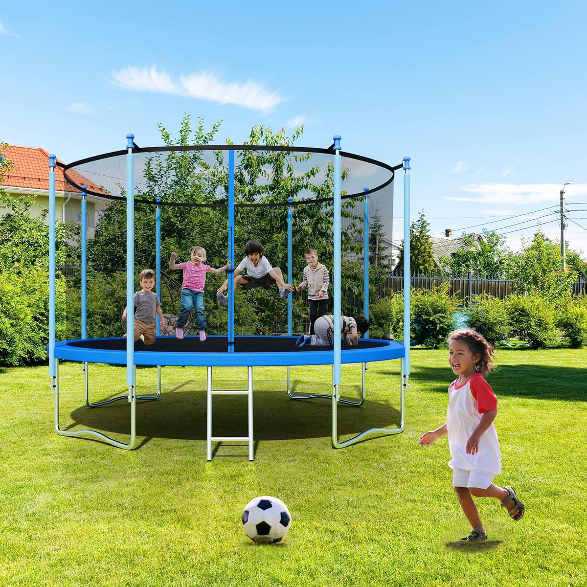 Trampoline with Enclosure - 12FT & 14FT Recreational Trampolines, Ladder, AntiRust Coating, ASTM Approved