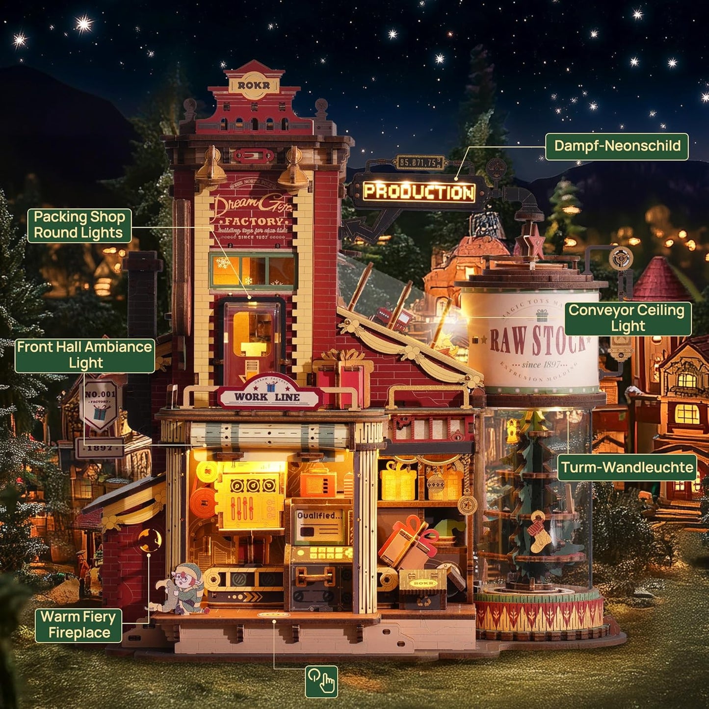 ROKR 3D Puzzle for Adults Christmas Style Dream Gift Factory Wooden Model Kit Luminous Factory DIY Dollhouse Kit Building with Music, Lights and 5 Elves for Teens & Kids