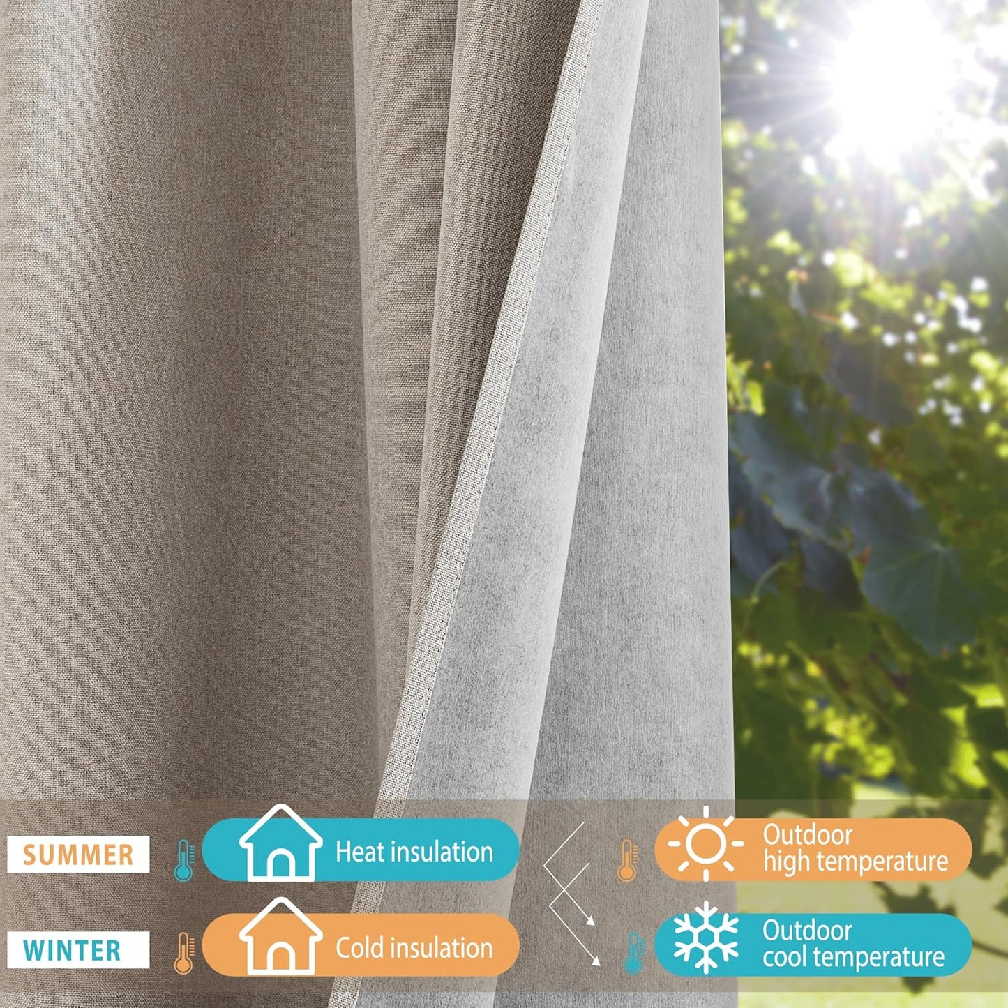 NICETOWN 100% Blackout Natural Faux Linen Curtains 95 inches Length for Dining Room, 2 Panels Set, 52" Wide, Farmhouse Style Room Cooling Window Draperies with Thermal Insulated Liners