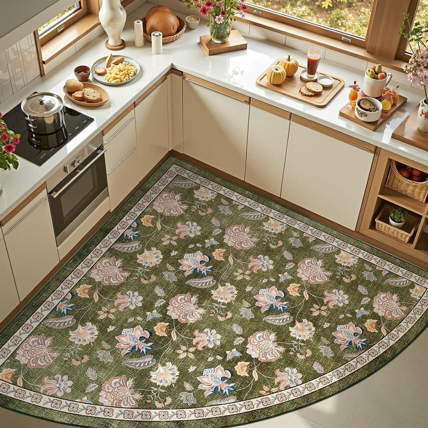 jinchan Floral Corner Rug for Living Room Washable Bedroom Rug Vintage Romance Design Non Slip Quarter Circle Lightweight Low-Pile Throw Carpet for Reading Nook Playroom,6ft Radius, Green