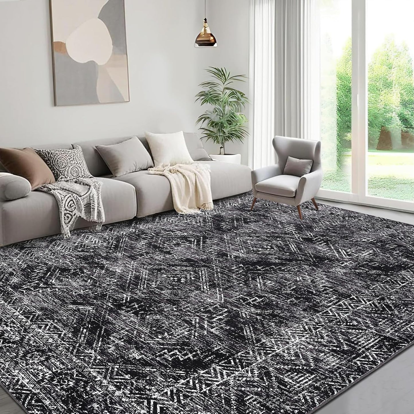 COZYLOOM Black Rug for Living Room 10x13 Machine Washable Area Rugs Modern Abstract Door Mats Non Slip Stain Resistant Geometric Accent Rug for Bedroom, Dining Room, Nursery