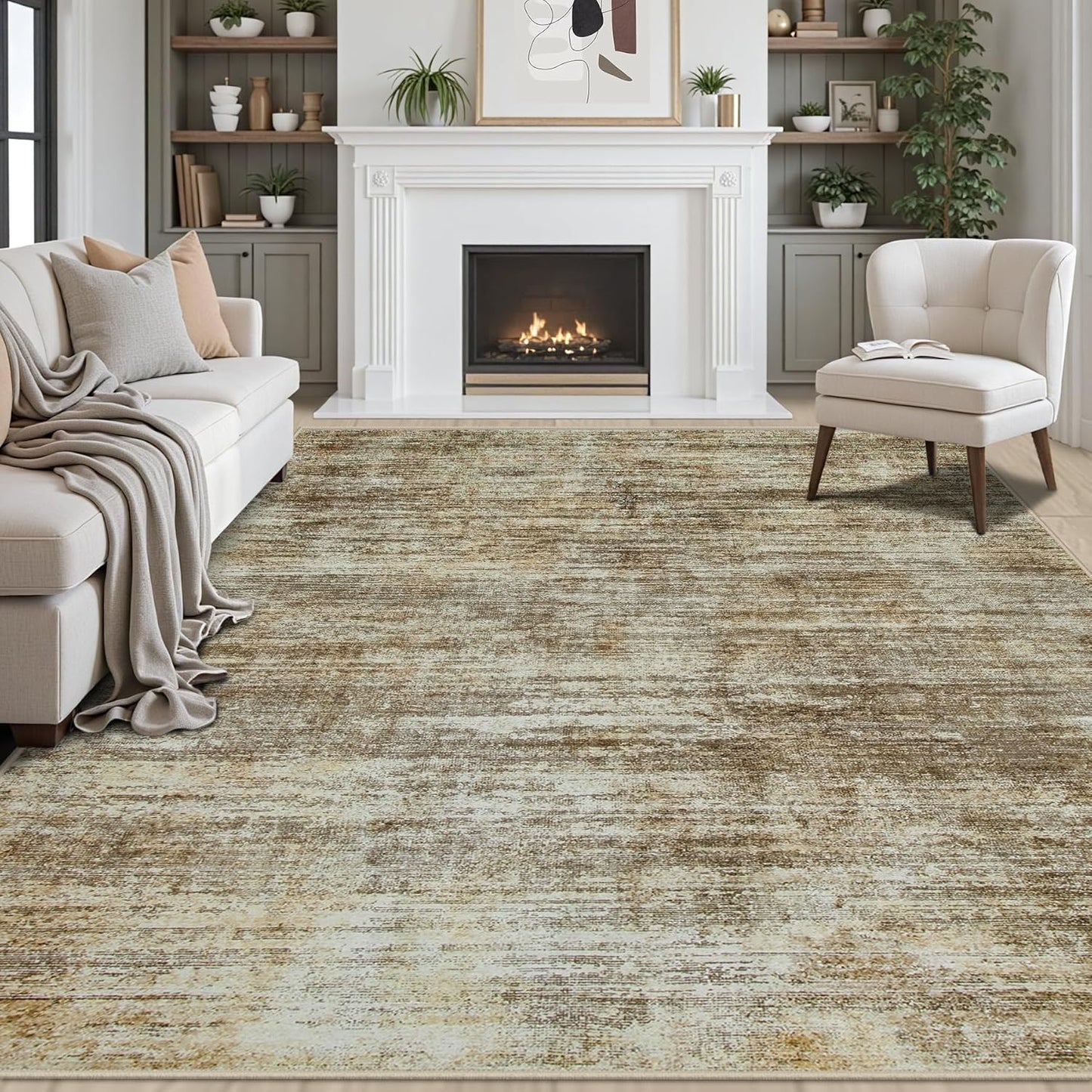Area Rugs 8x10 Living Room Rugs: Large Modern Abstract Washable Rug with Non-Slip Backing, Thin Carpet for Dining Room Table Bedroom Nursery Indoor Home Office-Brown