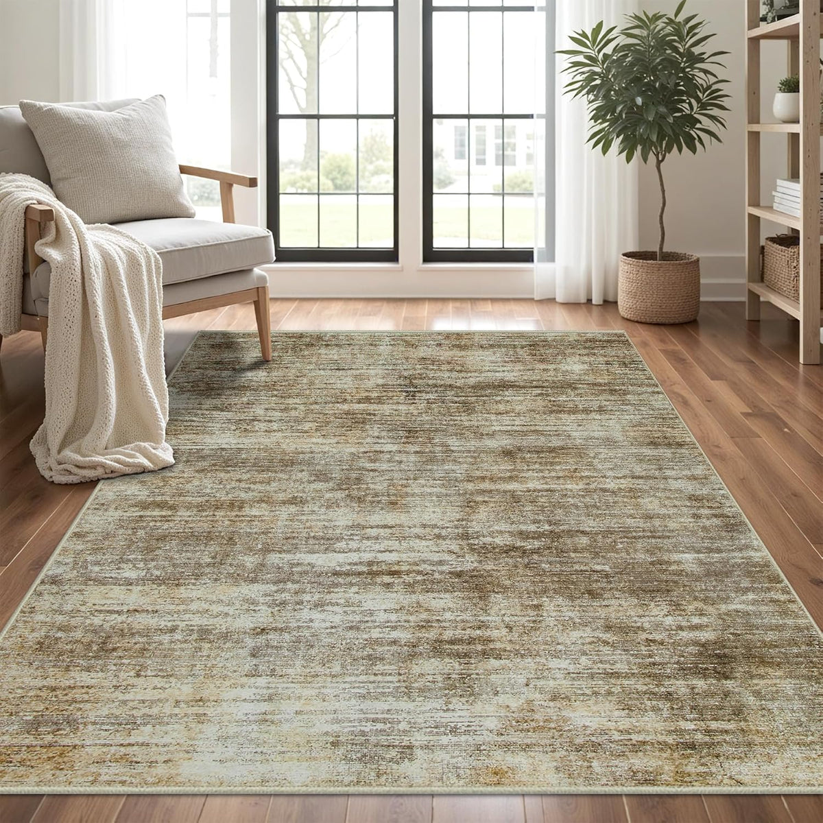 Washable Rug 6x9 Area Rugs, Abstract Large Living Room Rugs with Non-Slip Backing, Thin Carpet for Dorm Dining Room Table Nursery Indoor Home Office-Brown