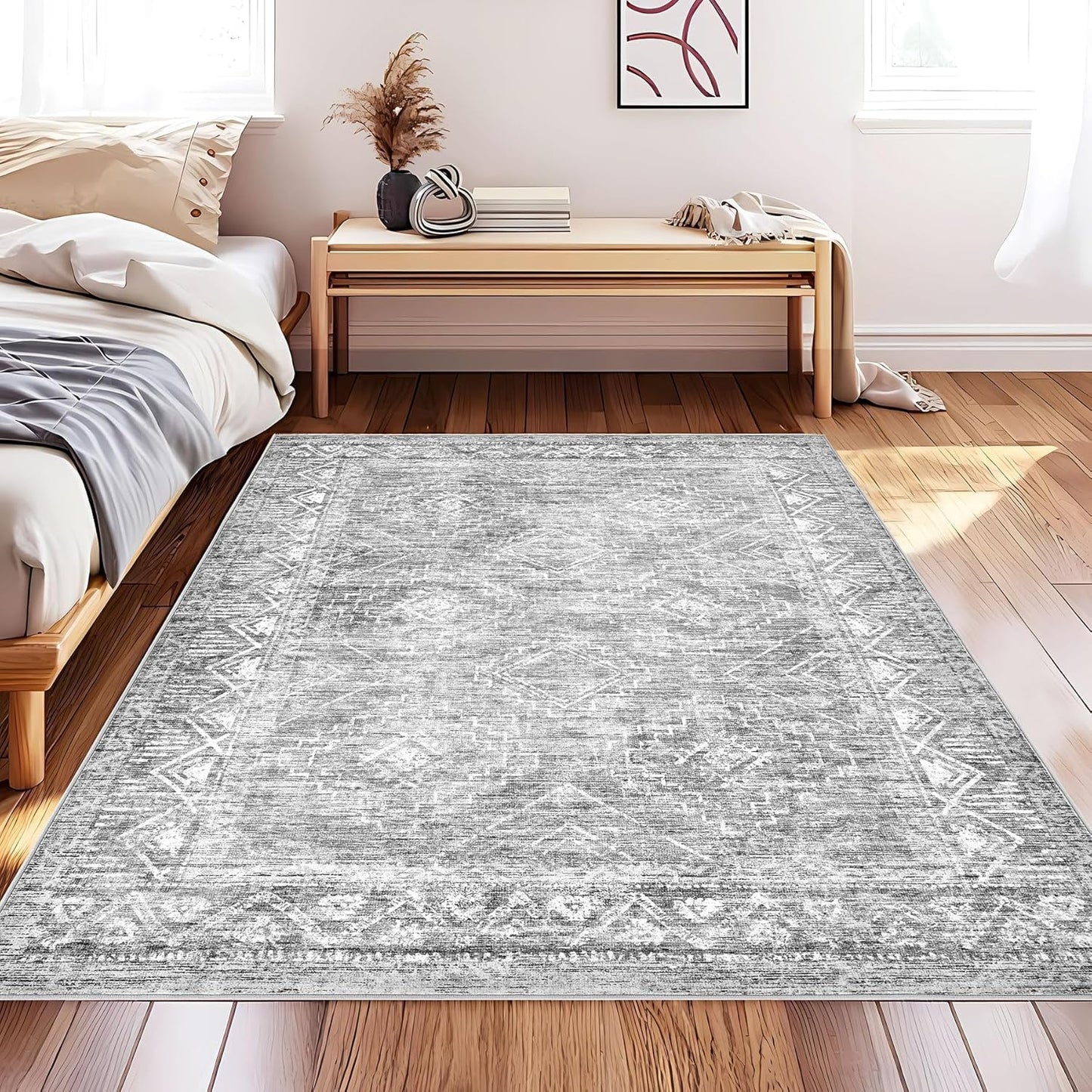 Vintage Moroccan Trellis Area Rug - 3x5 Machine Washable Boho Geometric Farmhouse Rugs Neutral Stain Resistant Non Slip Indoor Carpet for Entrance Bedroom Dining Room Nursery Home Office (3 x 5, Grey)