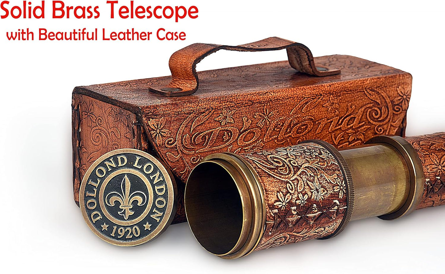 RII Antique Decor Spyglass, Pirate Telescope with Leather Case, Handheld Telescope for Adventure Enthusiasts, Monocular Nautical Decor for Gifting, Travellers, Dolland London, 17.5"
