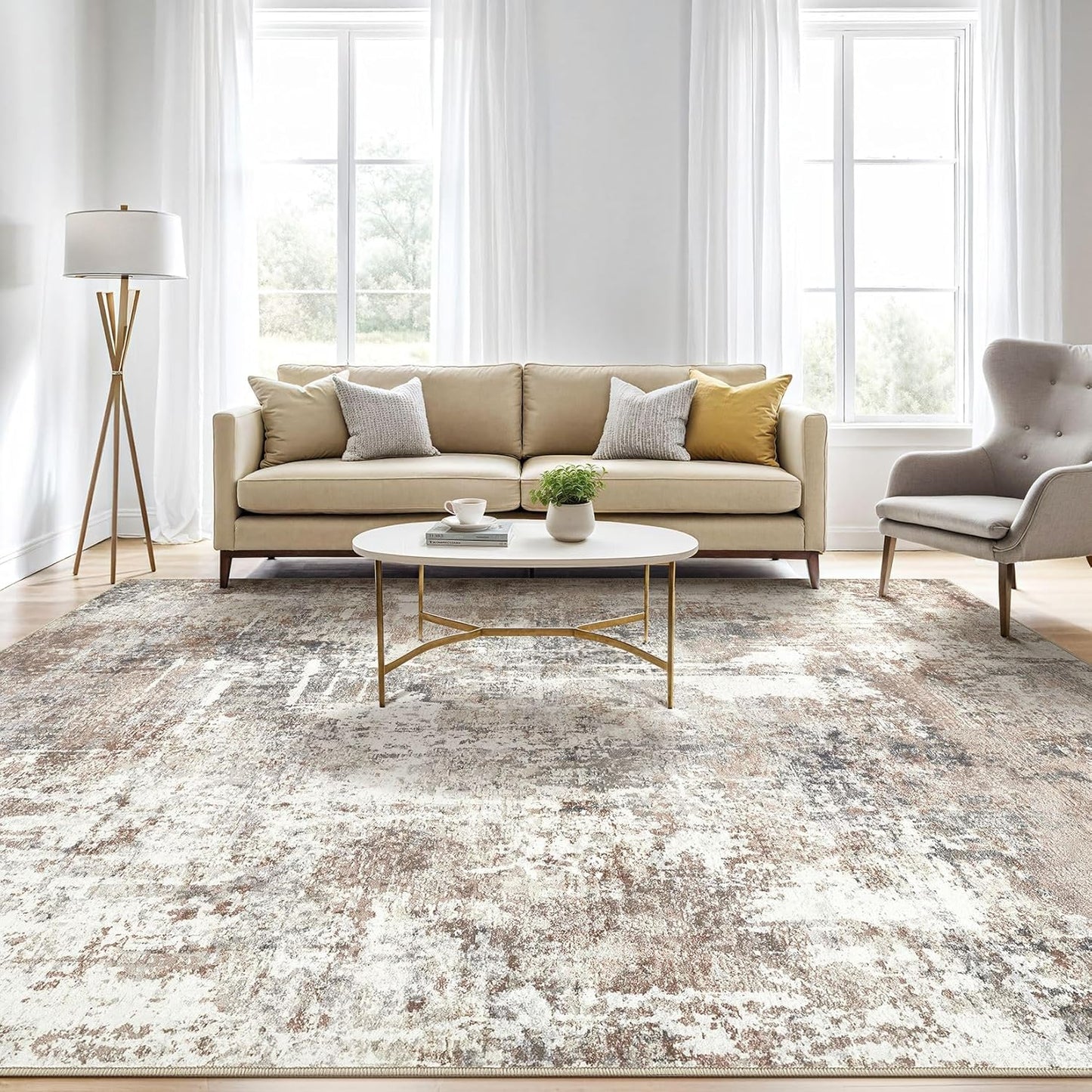 7x9 Area Rug Living Room: Machine Washable Large Abstract Modern Soft Rugs Stain Resistant Indoor Floor Non Slip Accent Carpet for Bedroom Nursery Playroom Office Dining Room Dorm Home House- Brown