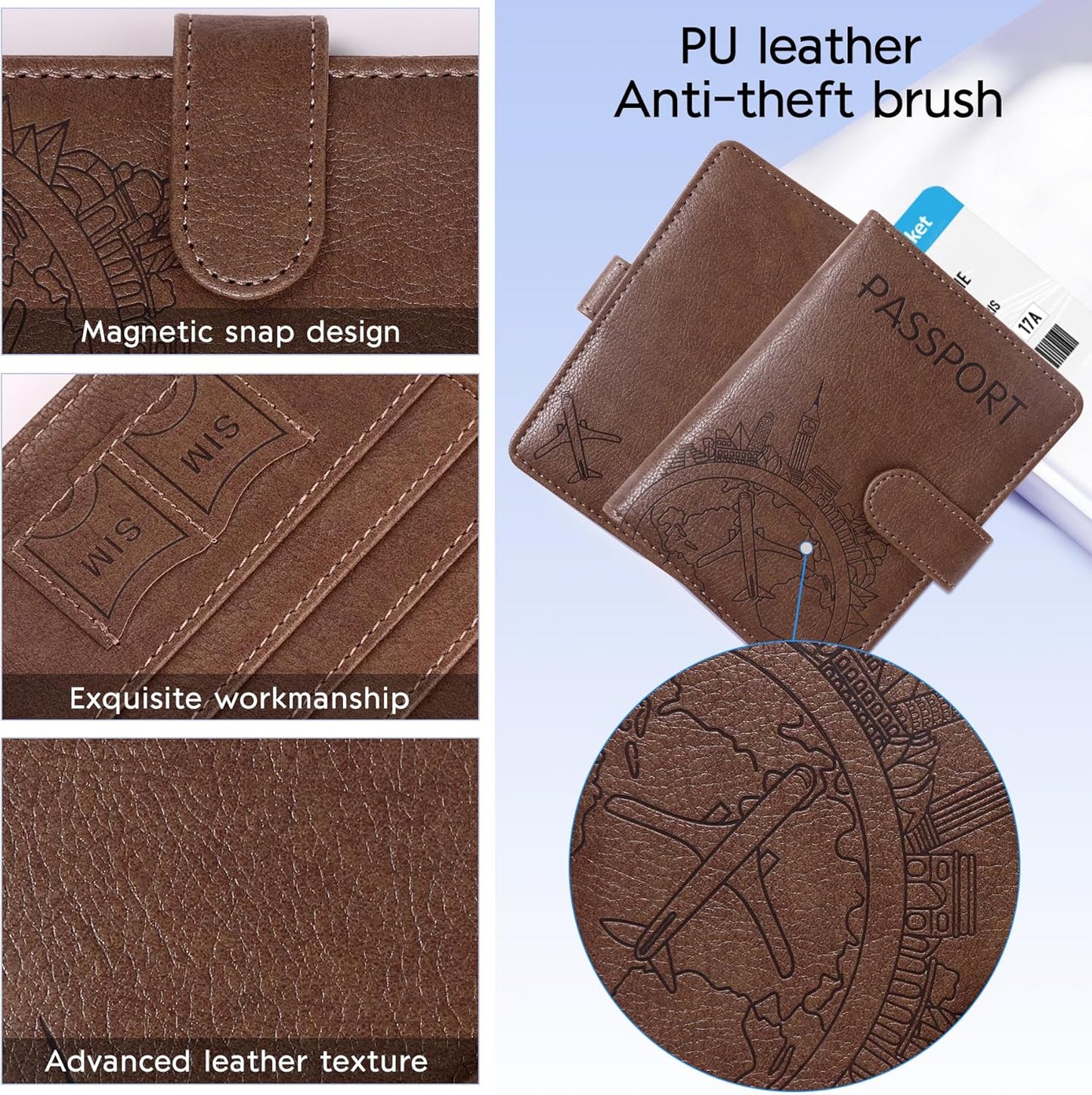 Passport Holder and Card Slot Combo RFID Blocking Leather Family Travel Passport Wallet Travel Accessories for Men Women US Passport Cover (Travel Coffee color)