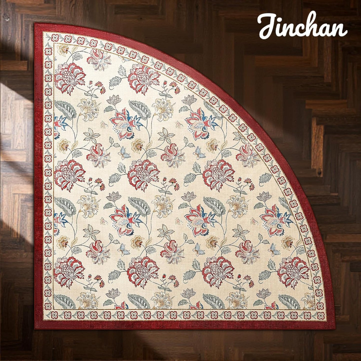 jinchan Floral Corner Rug for Living Room Washable Bedroom Rug Vintage Romance Design Non Slip Quarter Circle Lightweight Low-Pile Throw Carpet for Reading Nook Playroom,7ft Radius, Red/Beige