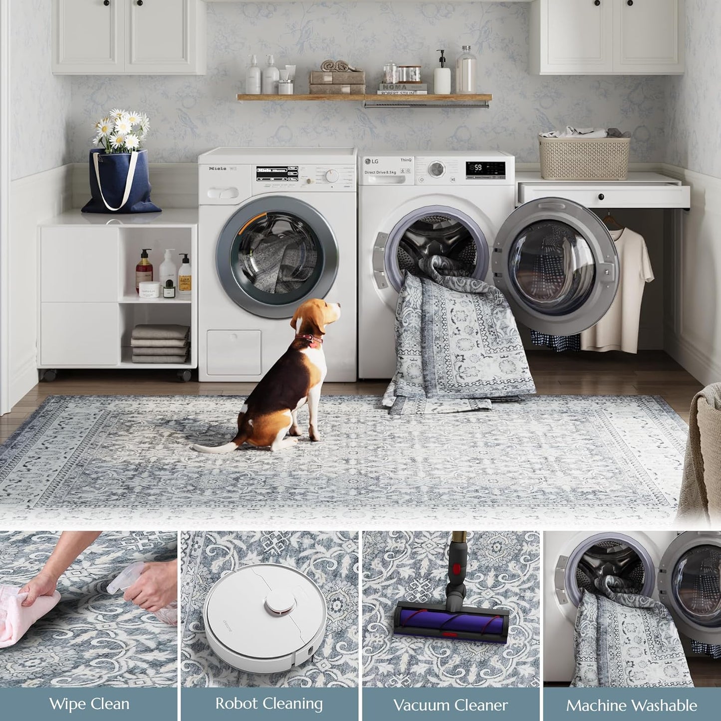 jinchan Hallway Runner Rug 2x8 - Machine Washable Grey Vintage Floral Distressed Design Soft Non-Slip Low-Pile Ultra-Thin Runner Rug for Kitchen Laundry Room Bedroom Farmhouse (2‘x8',Grey)