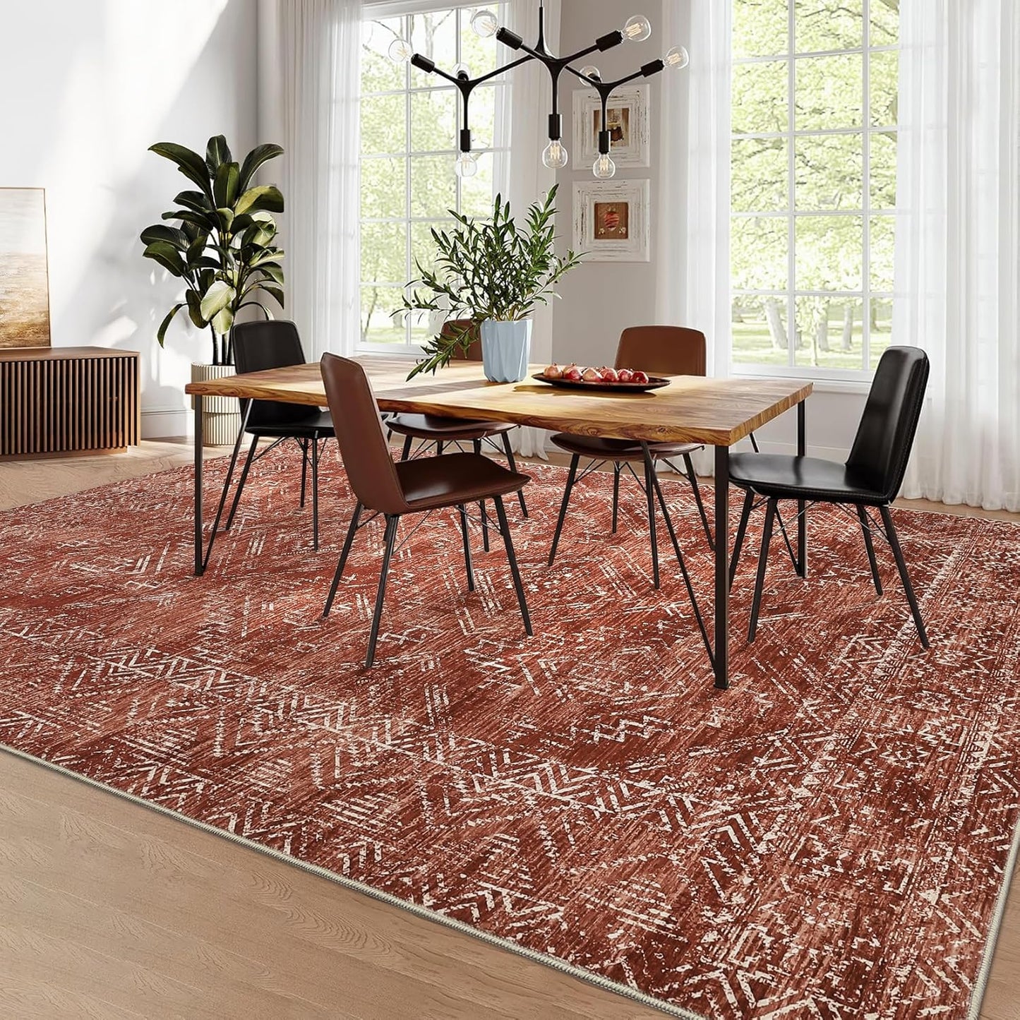 COZYLOOM 4x6 Area Rug Modern Indoor Area Rug Machine-Washable for Living Room or Bedroom Softness Foldable Carpet for Easy Storage Abstract Geometric Design Non Slip Stain Resistant Carpet, Brick Red