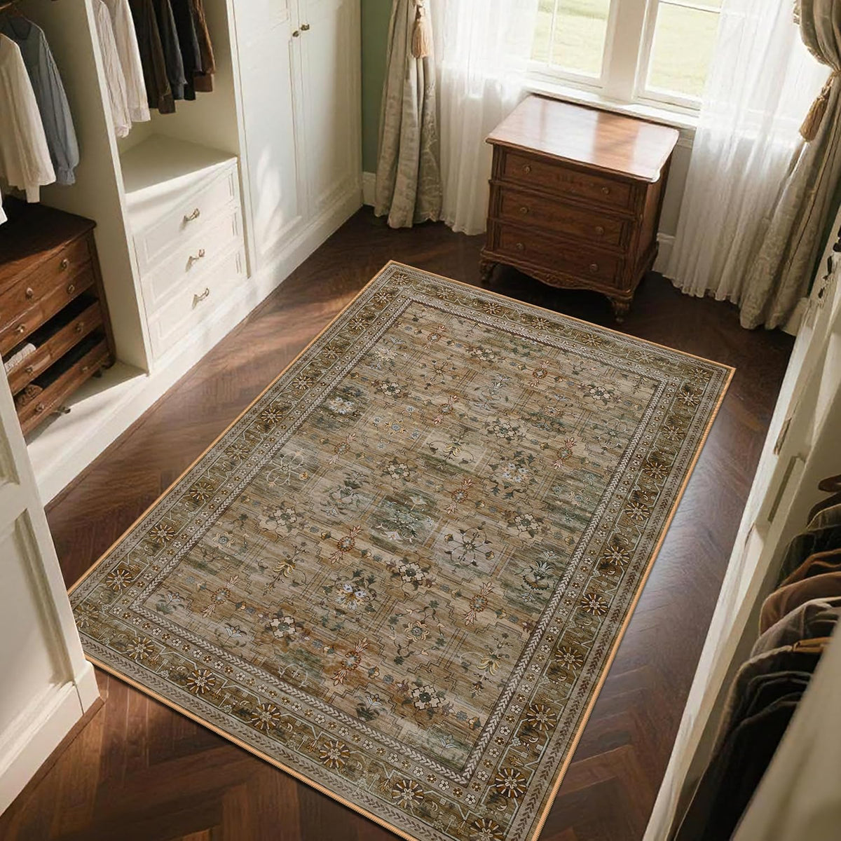 5x7 Washable Area Rug for Living Room Dining Room, Distressed Non Slip Vintage Floral Rugs for Bedroom, Traditional Indoor Floor Carpet for Dining Kitchen Farmhouse Olive/Charcoal