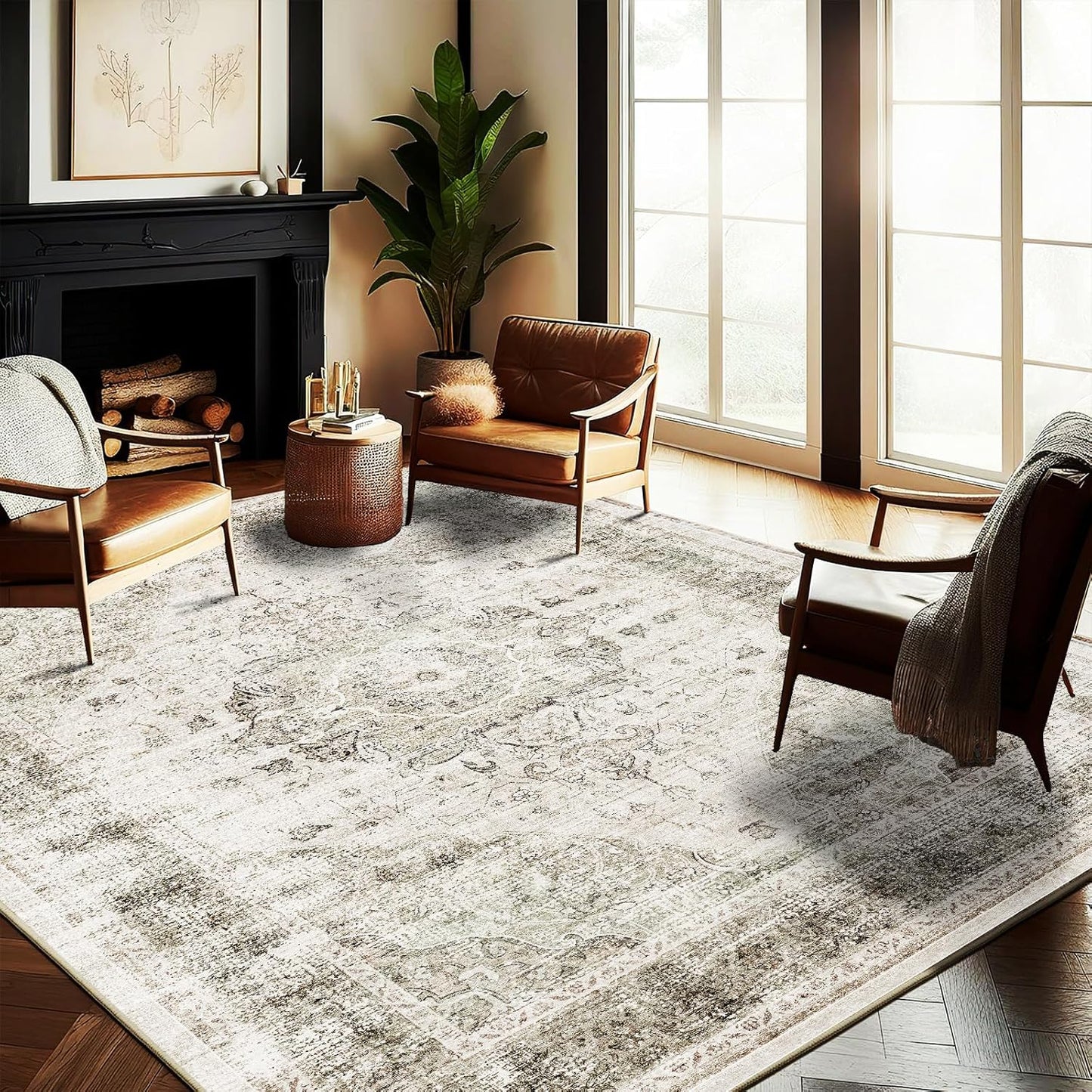 Washable Area Rug 9'x12' Retro Floral Khaki Boho Design Non-Shedding Easy Care Ideal for High Traffic Areas in Living Room Bedroom Office Coffee Table Kitchen Large Carpet