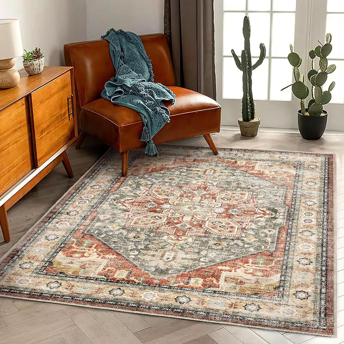 3'x5' Red Khaki Vintage Washable Thin Area Rug Traditional Floor Cover Foldable Indoor Distressed Non Slip Carpet Floral Print Area for Bedroom Living Room Bathroom