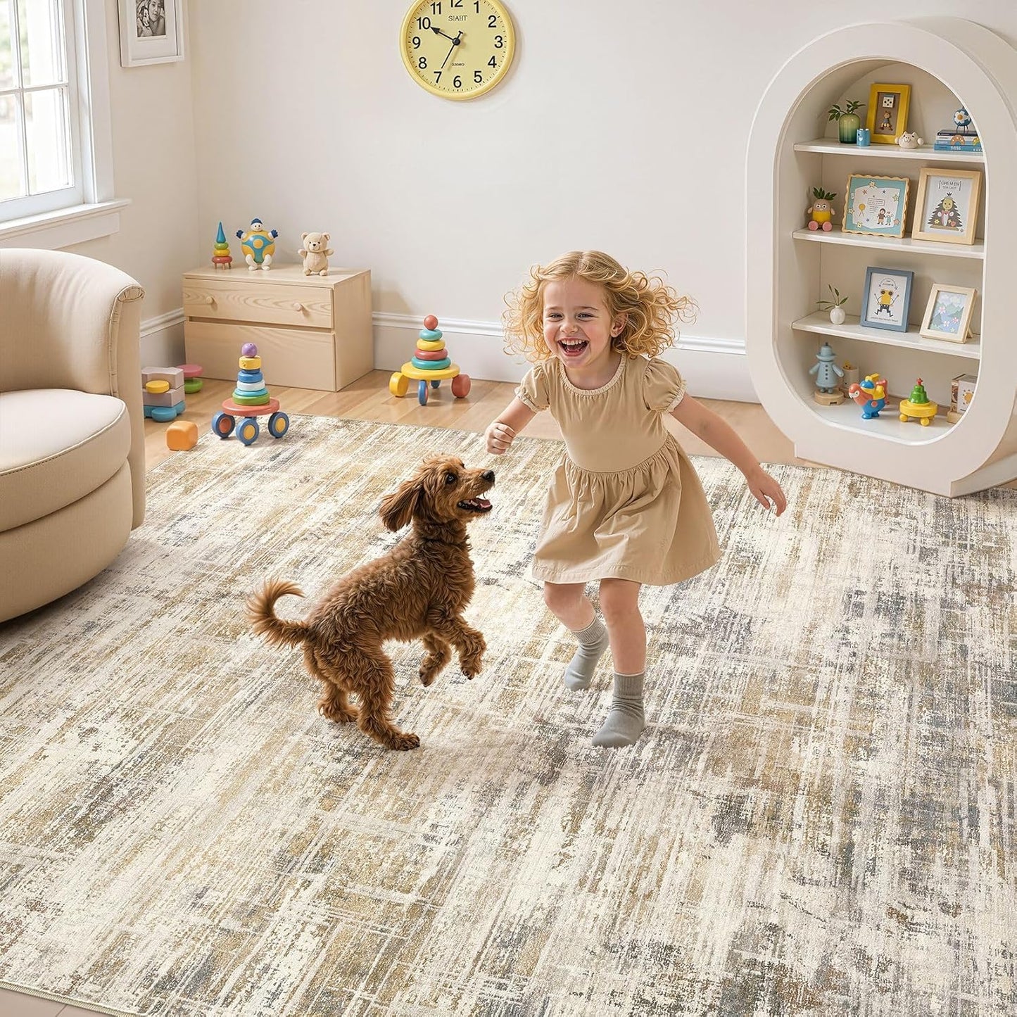 Area Rug for Living Room: 9x12 Washable Neutral Abstract Modern Soft Rugs Non Slip Indoor Floor Stain Resistant Large Carpet for Bedroom Dining Room Office Nursery - Golden Brown
