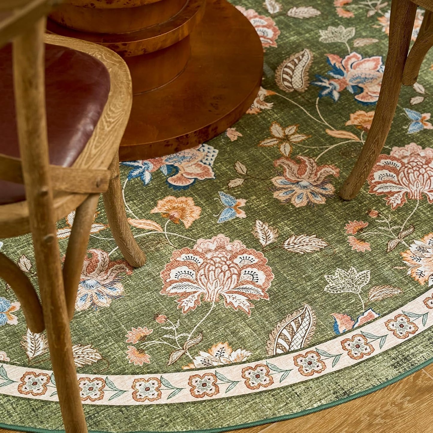 jinchan 6ft Floral Round Rug for Dining Room Washable Living Room Rug Vintage Romance Design Non Slip Indoor Floor Cover Lightweight Low-Profile Throw Carpet for Bedroom Porch Patio, Green