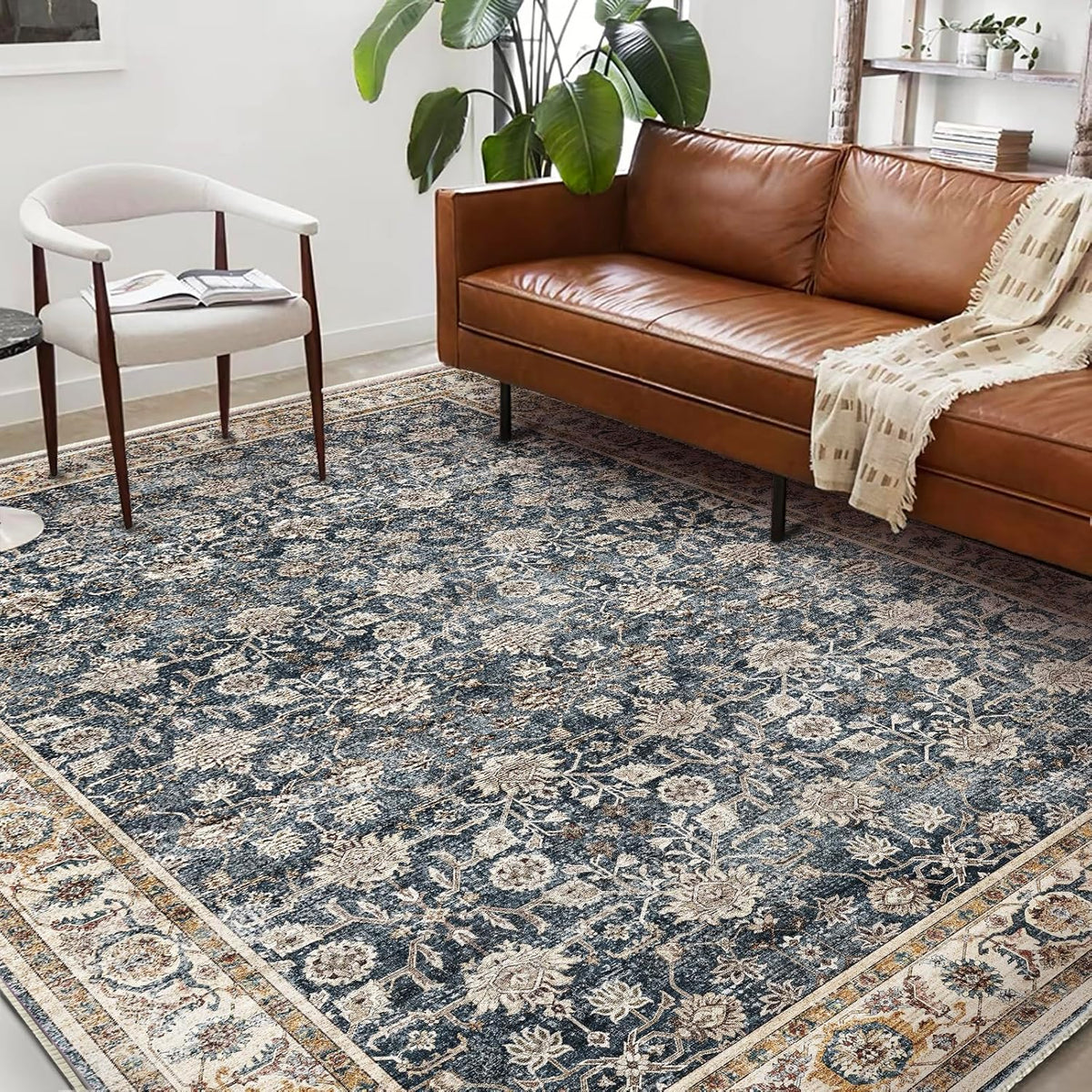 Washable Area Rug 9'x12' Retro Boho Design Non-Shedding Easy Care Ideal for High Traffic Areas in Living Room Bedroom Office Coffee Table Kitchen Large Carpet