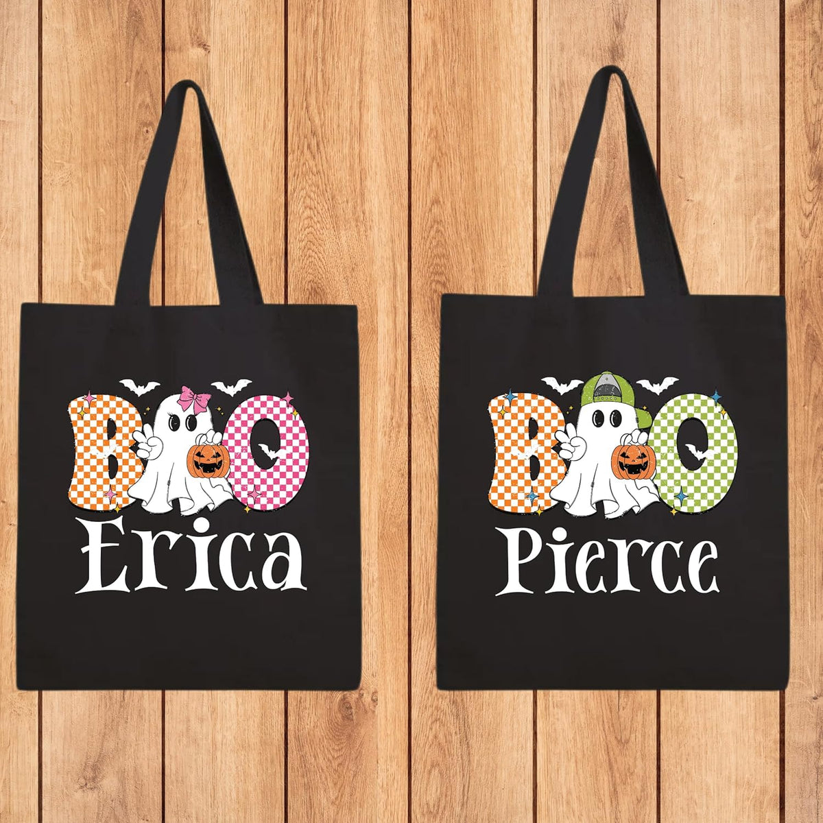 Custom Name Halloween Trick or Treat Bags for Kids Personalized Reusable Canvas Candy Bags for Girls & Boys Spooky Pumpkin Ghost Boo Bag Large 15" x 16" Reusable Candy Totes