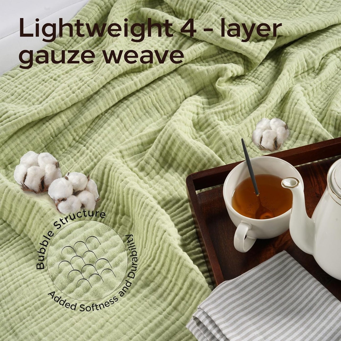 Threadmill Muslin Queen Blankets | Soft, Cozy and Breathable Muslin Throw for Bed | 4-Layer Gauze Blanket for All Seasons | Lightweight Blanket Fits Full Size Bed | Sage Green