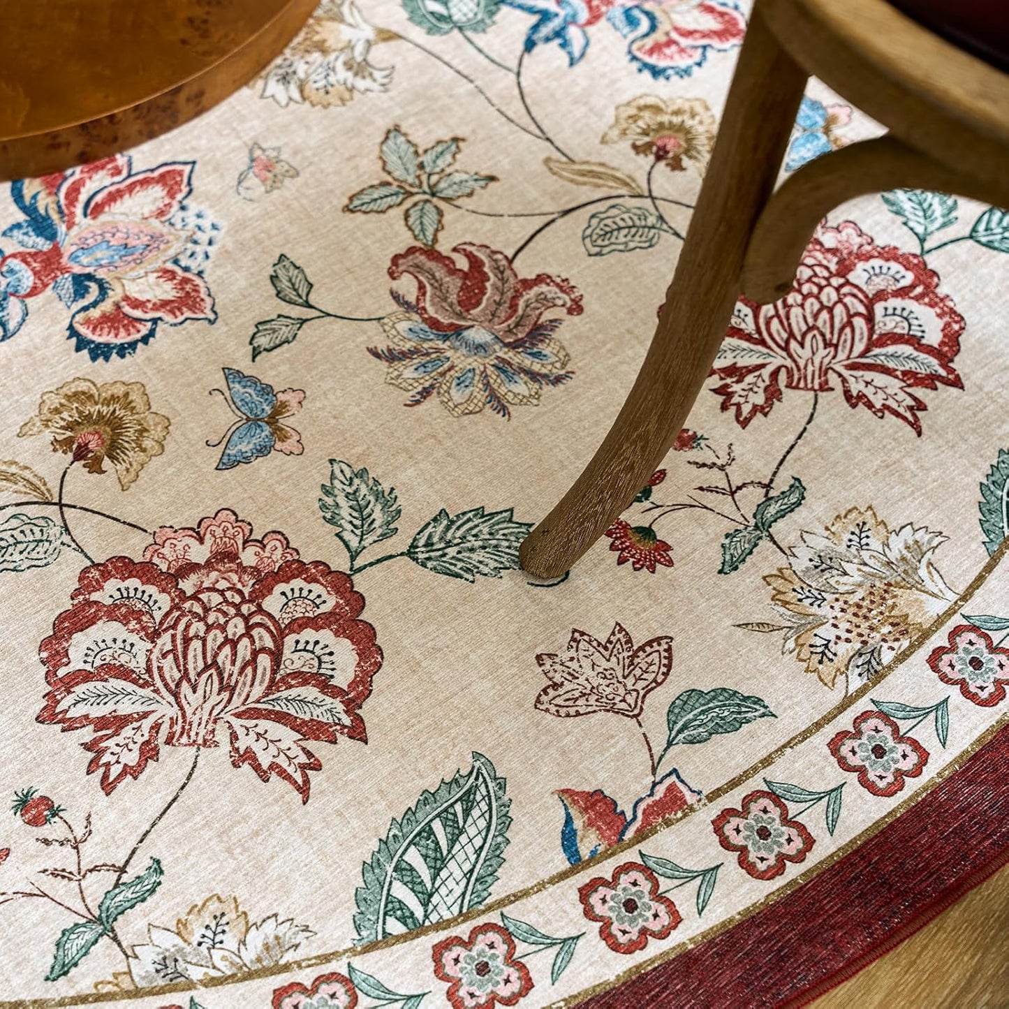 jinchan Floral Corner Rug for Living Room Washable Bedroom Rug Vintage Romance Design Non Slip Quarter Circle Lightweight Low-Pile Throw Carpet for Reading Nook Playroom,8ft Radius, Red/Beige