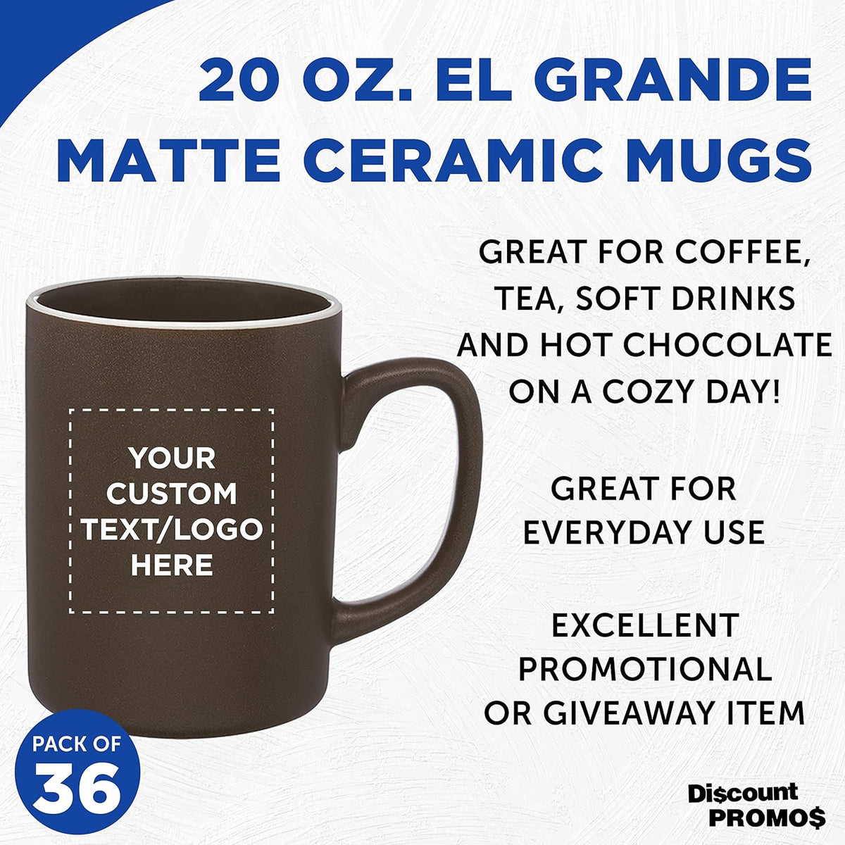 Custom El Grande Matte Ceramic Mugs 20 oz. Set of 36, Personalized Bulk Pack - Perfect for Tea, Espresso, Cappuccino, Hot Cocoa - Dark Brown