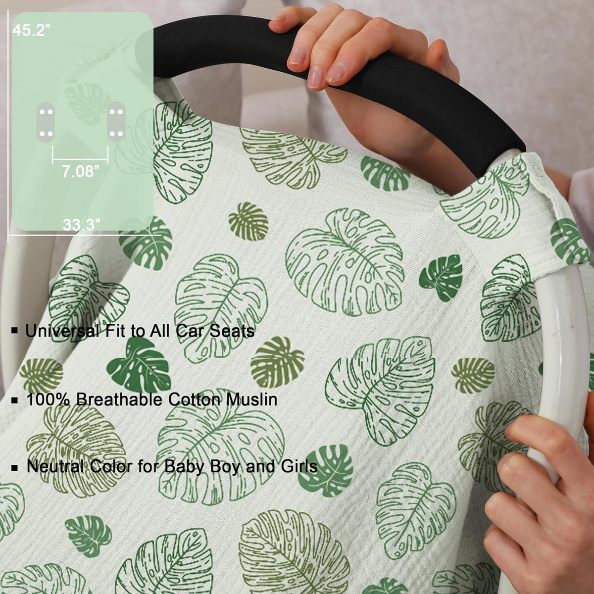 100% Muslin Cotton Car Seat Cover Baby, Carseat Canopy Cover, Universal Fit Stroller Covers for Boys and Girls (Monstera Green)