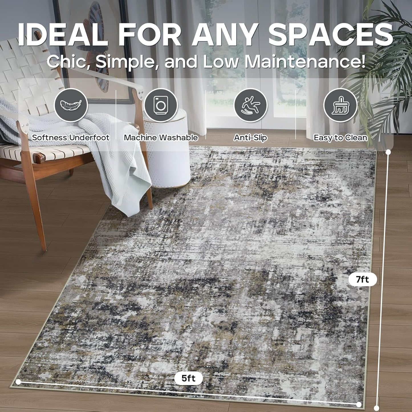 5x7 Area Rugs for Living Room Rug Washable: Modern Rug for Dining Room Bedroom Carpet Non Slip Low Pile 5 by 7 Indoor Abstract Nursery Home Office Black Gold