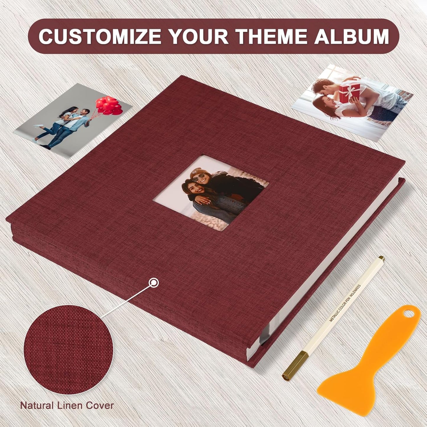 Photo Album Self Adhesive Pages Scrapbook Magnetic Photo Albums for 4x6 5x7 8x10 Pictures Sticky Pages Books for Baby Family Wedding 11x10.6 Red 40 Pages