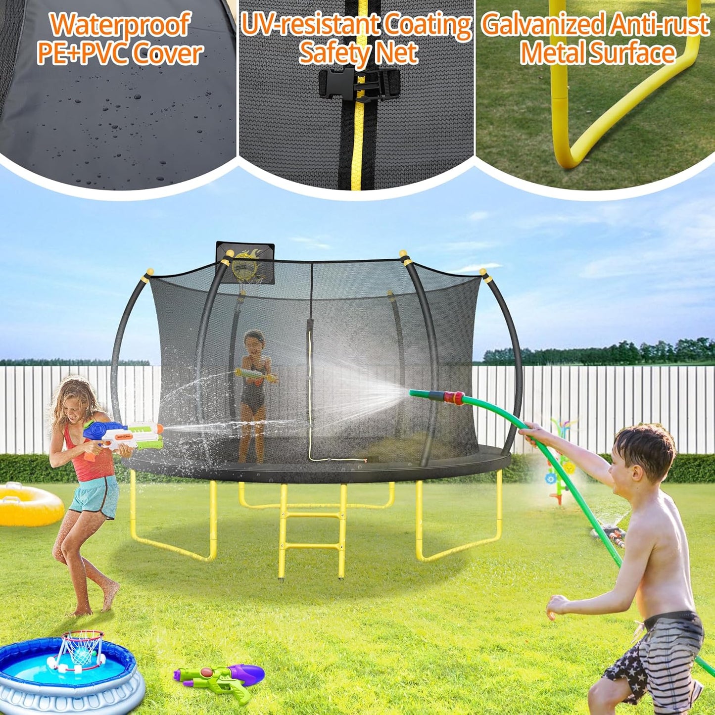 10FT 12FT 14FT 16FT Pumpkin Trampoline for Kids Adults, ASTM Approved Outdoor Recreational Trampoline with Basketball Hoop, Enclosure Net, Yellow